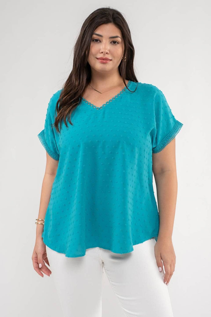 PLUS CLIP DOT V NECK SCALLOP LACE TRIM TOP - Backwards Boutique 