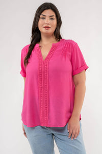 PLUS SPLIT NECK FRONT LINE LACE BLOUSE - Backwards Boutique 