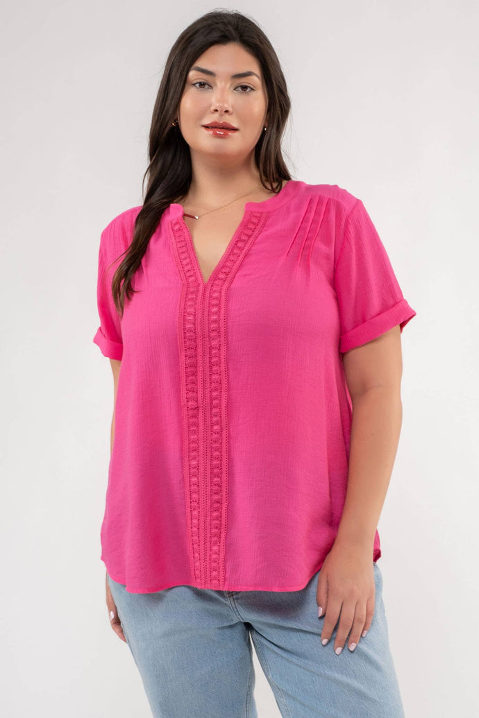 PLUS SPLIT NECK FRONT LINE LACE BLOUSE - Backwards Boutique 