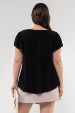 Load image into Gallery viewer, PLUS V NECK SCALLOP TRIM TULIP SLEEVE BLOUSE - Backwards Boutique 