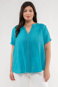 PLUS SPLIT NECK FRONT LINE LACE BLOUSE - Backwards Boutique 