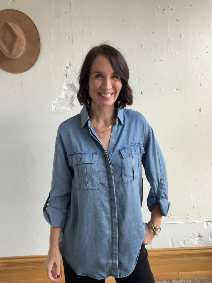 Tabitha’s Denim Button Down - Backwards Boutique 