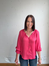 Load image into Gallery viewer, Liverpool 3/4 Sleeve Button Front Top W/ Ruffle Details - Backwards Boutique 