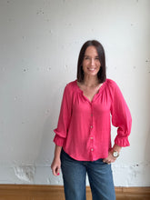 Load image into Gallery viewer, Liverpool 3/4 Sleeve Button Front Top W/ Ruffle Details - Backwards Boutique 