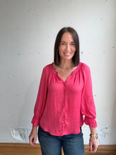 Load image into Gallery viewer, Liverpool 3/4 Sleeve Button Front Top W/ Ruffle Details - Backwards Boutique 