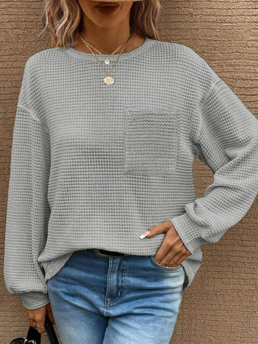 Waffle Solid Color Pocket Casual Top - Backwards Boutique 