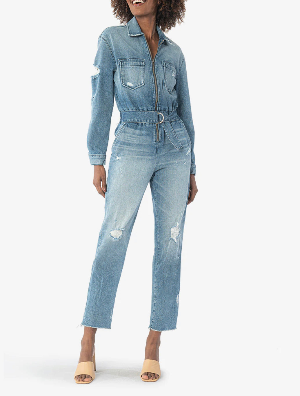 しーぴ　CLANE BACK OPEN DENIM JUMP SUIT KUT from the Kloth Zip Up Denim Jumpsuit | Backwards Boutique